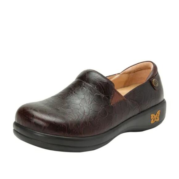 Alegria NEW Keli Flutter Choco Brown Floral Tooled Leather Professional Clog 42 - Picture 1 of 14